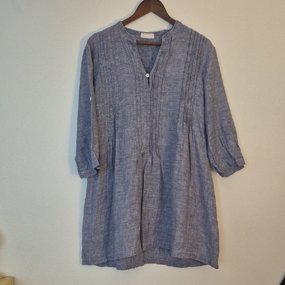 CP Shades 100% Linen Chambray Pintucked Mini Dress Sleeve Tabs V Neck - Picture 1 of 6